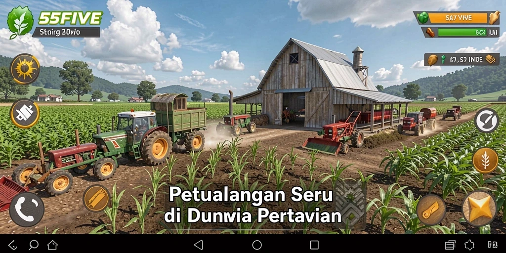 Screenshot gameplay 55FIVE dengan suasana pertanian yang cerah dan perawatan tanaman.