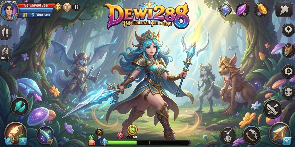 Tampilan gameplay DEWI288 dengan karakter menjelajahi dunia fantasi.