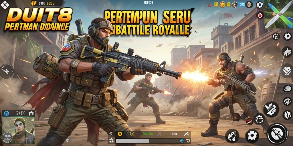 Screenshot gameplay DUIT8 dengan pertempuran intens Battle Royale.