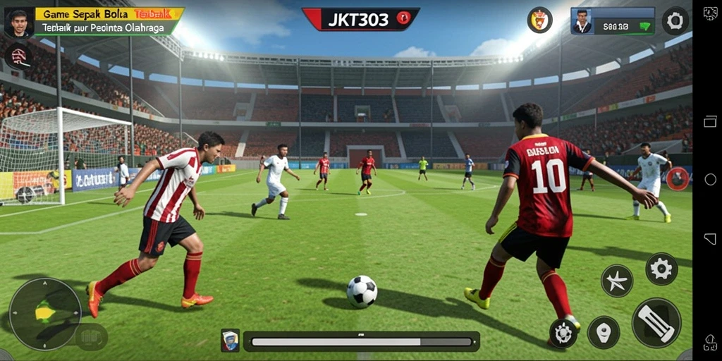 Screenshot JKT303 yang menunjukkan gameplay sepak bola yang seru.