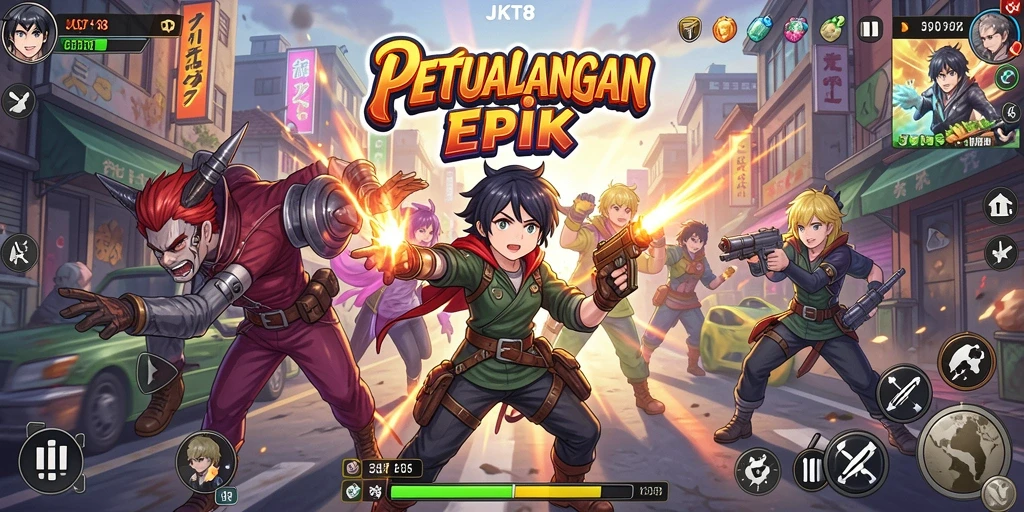 Gameplay JKT8 menunjukkan karakter anime dalam petualangan seru.