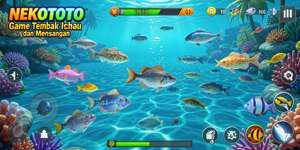 Screenshot gameplay NEKOTOTO menampilkan aksi menembak ikan yang seru.